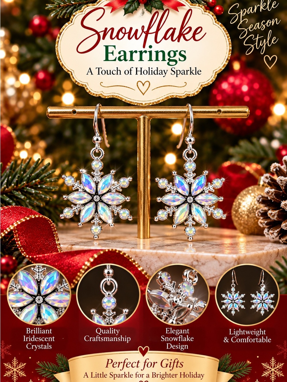 Iridescent Snowflake Drop Earrings - Crystal Snowflake Dangles